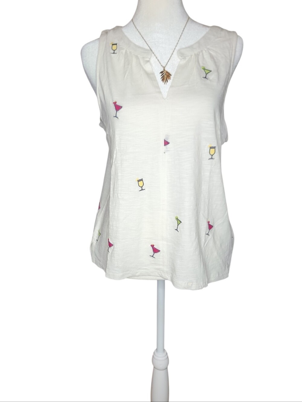 Cream Embroidered Cocktail Print Sleeveless Top